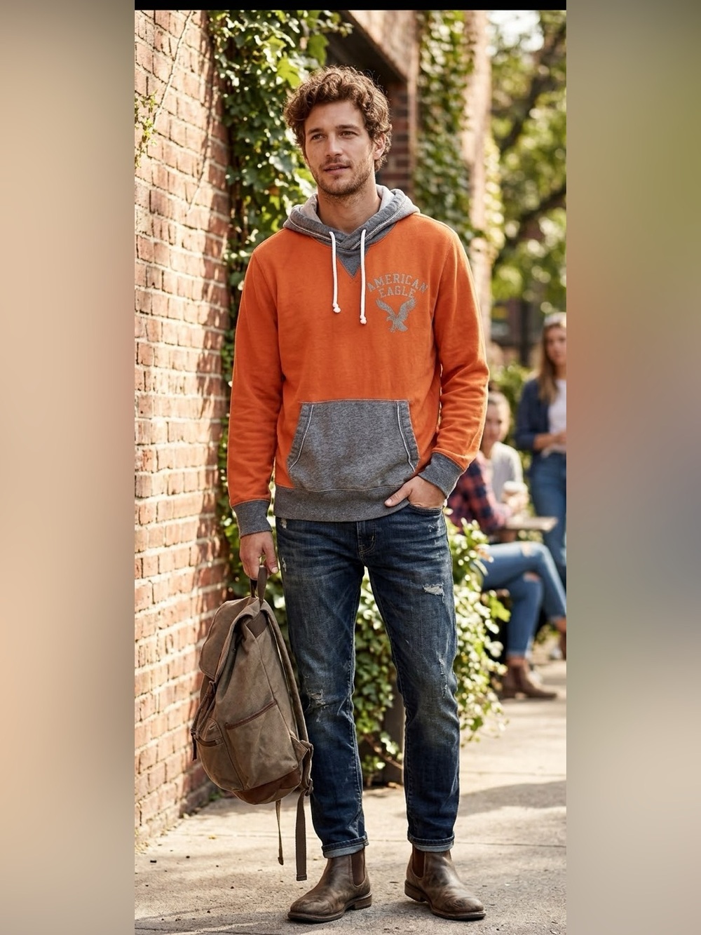 American Eagle Outfitters Men's Orange and Gray Hoodie